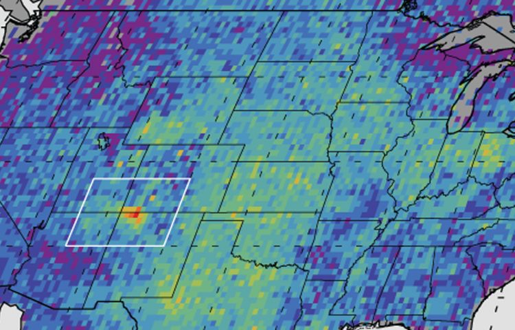 This undated handout image provided by NASA/JPL-Caltech/University of Michigan, shows The Four Corners area, in red, left, is the major US hot spot for methane emissions in this map showing how much emissions varied from average background concentrations from 2003-2009 (dark colors are lower than average; lighter colors are higher. Satellite data spotted a surprising hot spot of the potent heat-trapping gas methane over part of the American southwest. Those measurements hint that U.S. Environmental Protection Agency considerably underestimates leaks of natural gas, also called methane. In a new look at methane from space, the four corners area of New Mexico, Colorado, Arizona and Utah jump out in glowing red with about 1.3 million pounds of methane a year. Thats about 80 percent more than the EPA figured and traps more heat than all the carbon dioxide produced yearly in Sweden. (AP Photo/NASA, JPL-Caltech, University of Michigan)