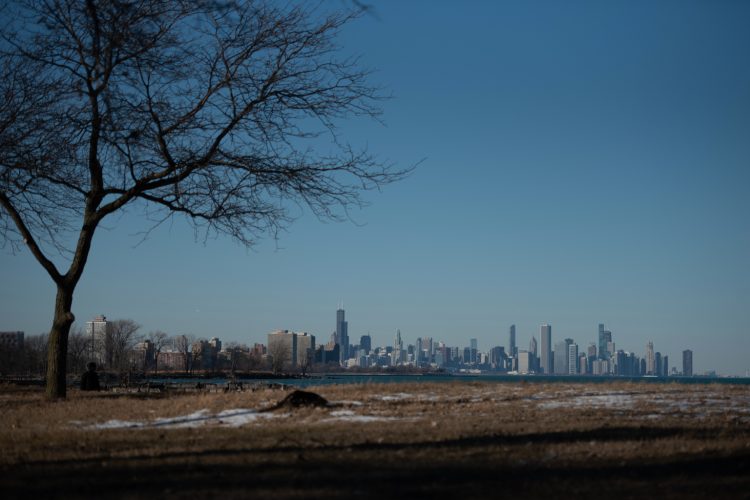 Chicago's skyline seen from Rainbow Park Beach in Chicago's South Shore neighborhood on January 21, 2021. (Colin Boyle/Block Club Chicago)