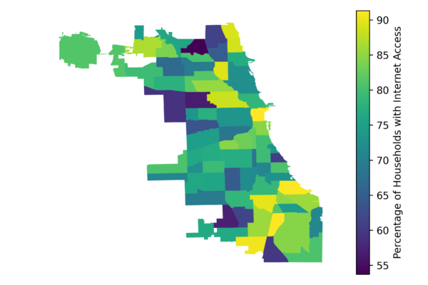 A map of internet access across the 77 community areas of Chicago, showing disparities.