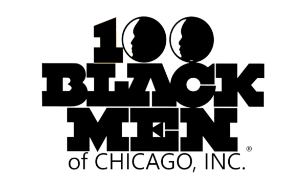 Black serif block text on a white background stating 100 Black Men of Chicago Inc. The zeros in 100 have silhouettes of two faces facing left.