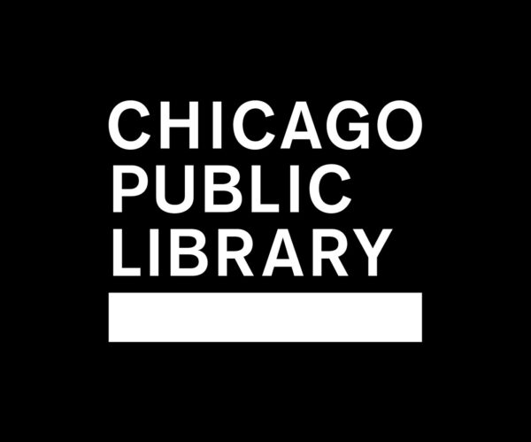 White sans-serif block letters on a black background, stating Chicago Public Library, on top of a small white rectangle.