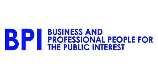 Bright blue block letters with the initials BPI and the text Business and Professional People for the Public Interest