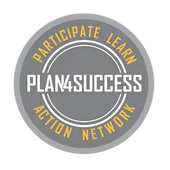 A gray circle featuring the words Plan for Success, surrounded by words in yellow stating participate, learn, action, network.
