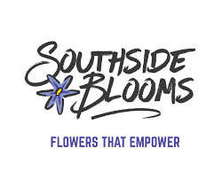 Black handwriting style text saying Southside Blooms, with a small purple flower illustration, hovering over purple texting saying flowers that empower