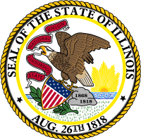 The state seal of Illinois, depicting an eagle holding a red banner and carrying a shield with the American flag symbols.