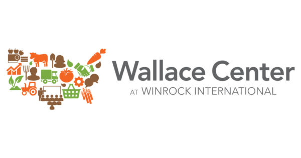 A logo of a map of the United States made up of different colorful industry symbols, on the right side is black text on a white background stating Wallace Center at Winrock International