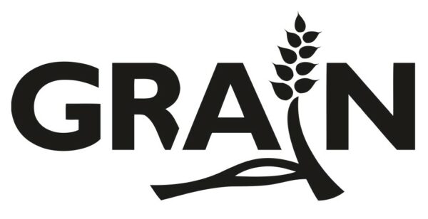 Black block sans-serif letters on a white background stating GRAIN; the I is stylized in a simple illustration of a stalk of wheat.