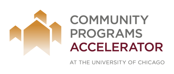 Gold ombre symbols of wide arrows pointing up, next to gray and maroon sans-serif letters stating Community Program Accelerator at the University of Chicago