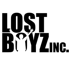 Black block letters on a white background stating Lost Boyz Inc. In the O is a white silhouette of a small child with arms raised and outstretched.
