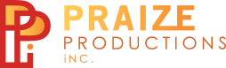 A logo of two letter Ps in stylized bright red and yellow, followed by yellow to orange-red ombre colored text stating Praize Productions Inc