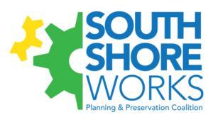 Logo of green and yellow gears on white background, on the right side are large blue block letters stating South Shore Works Planning and Preservation Coalition