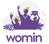 Purple silhouettes of three women, one holding a trumpet, one raising a fist in a Black Power symbol, and one holding a basket. Purple sans-serif text underneath stating womin.