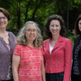 From left to right: Margaret Gardel, Professor of Physics and Molecular Engineering, Mary Silber, Professor of Statistics, Rebecca (Becca) Willett, Professor of Statistics and Computer Science, and Stephanie Palmer, Associate Professor of Physics and Biology. UChicago co-leads for the National Institute for Theory and Mathematics in Biology (NITMB) by National Science Foundation (NSF) and the Simons Foundation. (Photo by Jean Lachat)