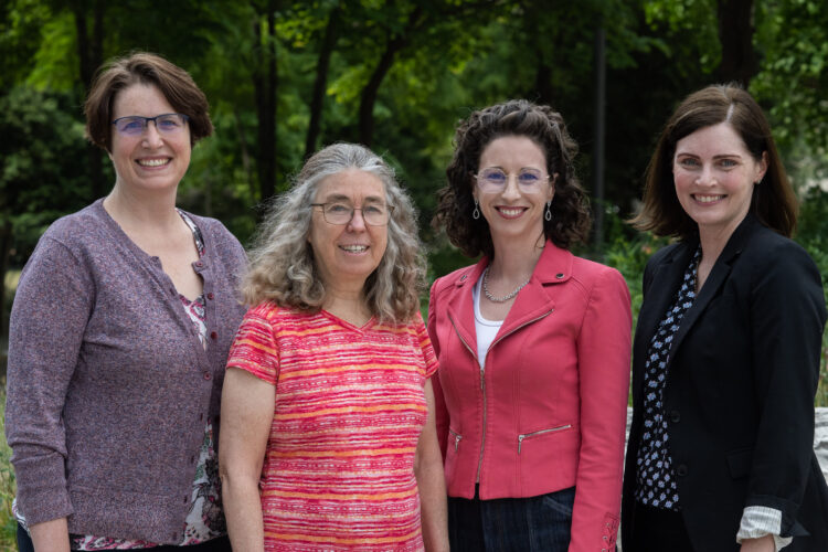 From left to right: Margaret Gardel, Professor of Physics and Molecular Engineering, Mary Silber, Professor of Statistics, Rebecca (Becca) Willett, Professor of Statistics and Computer Science, and Stephanie Palmer, Associate Professor of Physics and Biology. UChicago co-leads for the National Institute for Theory and Mathematics in Biology (NITMB) by National Science Foundation (NSF) and the Simons Foundation. (Photo by Jean Lachat)