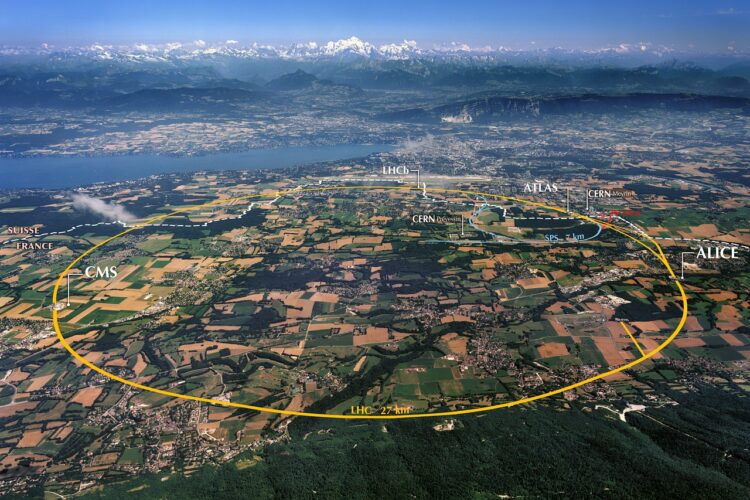Figure 1: Aerial view of the 27-kilometer-long Large Hadron Collider (LHC) located on the border of France and Switzerland near Geneva. The LHC collides particles at nearly the speed of light to study the universe in a controlled experimental facility. The Higgs boson was discovered with the LHC in 2012. Image credit to ESO Supernova.
