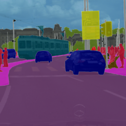 A video frame example from Cityscape dataset where different colors denote different labels in pixel level. For example, red means person and light blue means sky.